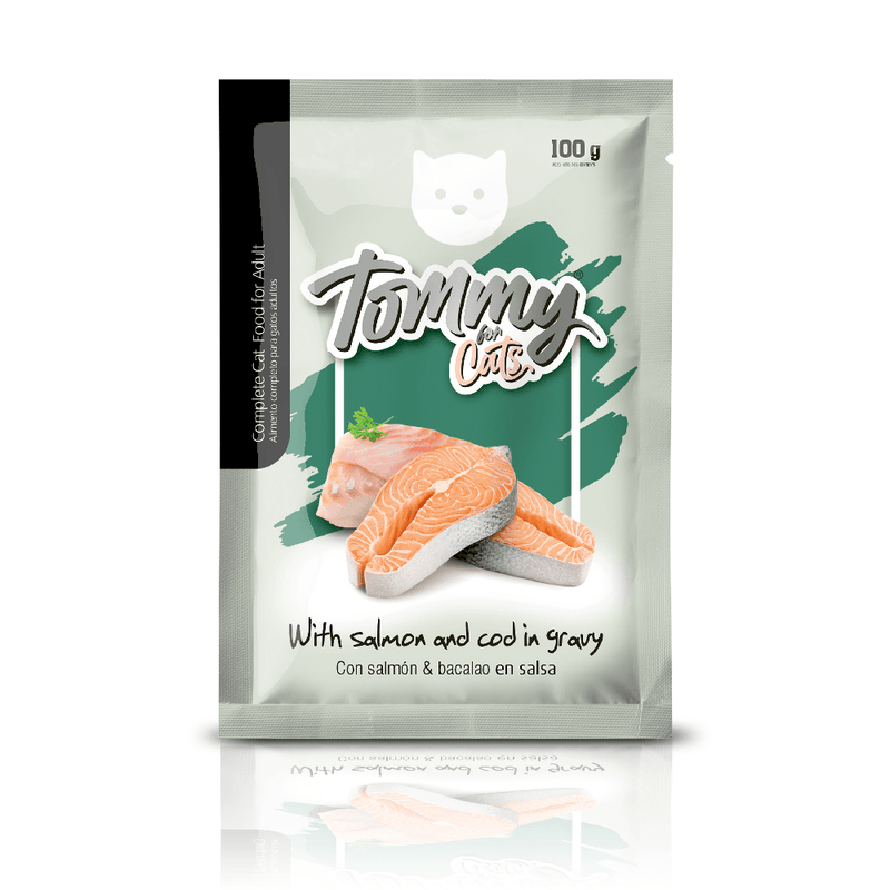 POUCH TOMMY GATO ADULTO SALMON BACALAO  X100